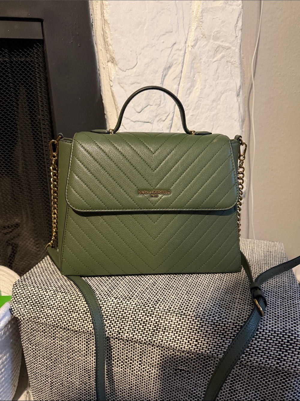 Karl Lagerfeld Olive Quilted Top-Handle Satchel with Gold Chain